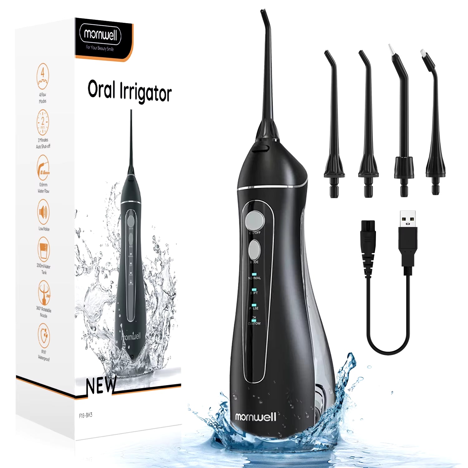 Water Flosser - Portable Cordless Oral Irrigator - 3 Cleaning Modes - Rechargeable - 4 Nozzles - Clean Gums