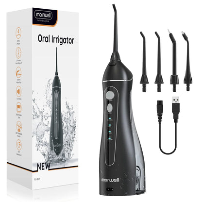 Water Flosser - Portable Cordless Oral Irrigator - 3 Cleaning Modes - Rechargeable - 4 Nozzles - Clean Gums