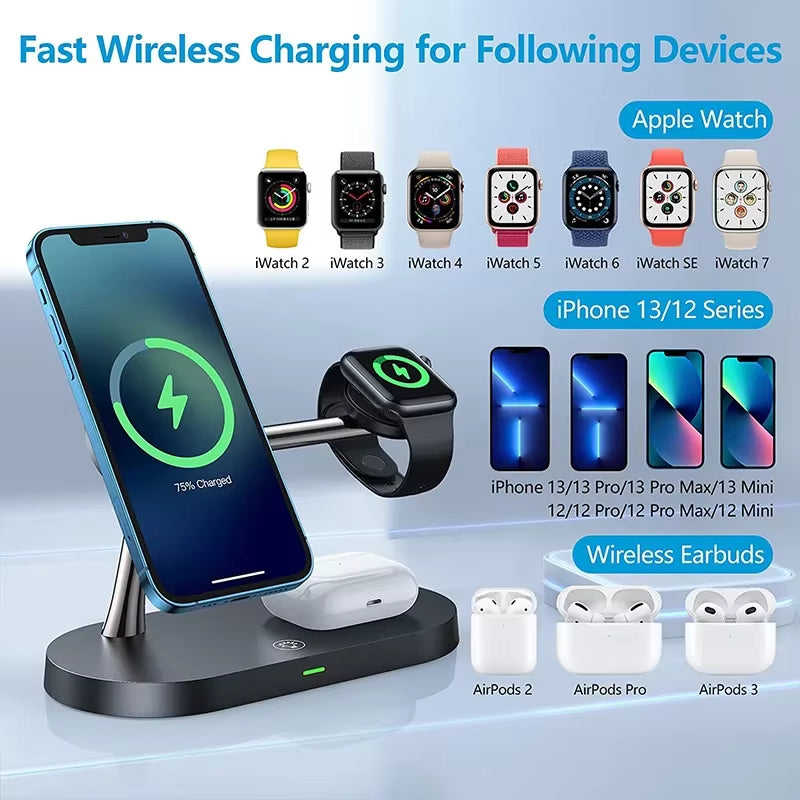 3 in 1 Wireless Charger Stand Magnetic for iPhone - Fast Charging Station for Apple Watch 9, 8, 7, 6, 5, and Airpods 2 3 Pro