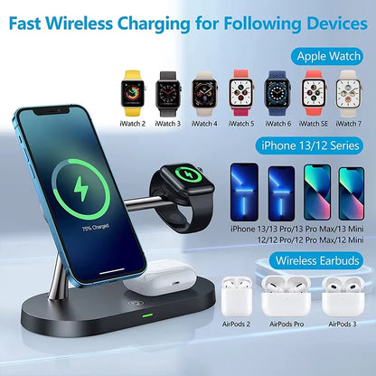 3 in 1 Wireless Charger Stand Magnetic for iPhone - Fast Charging Station for Apple Watch 9, 8, 7, 6, 5, and Airpods 2 3 Pro