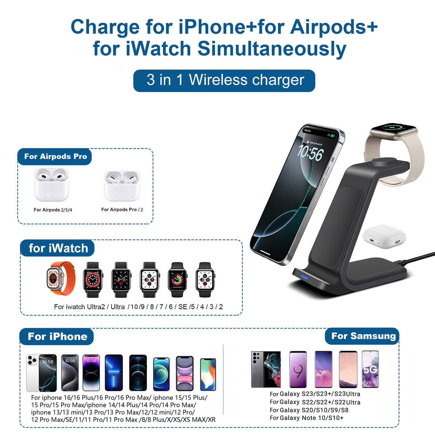 3 in 1 Wireless Charging Dock for iPhone - Charging Station for Apple Watch & iPhone 16 15 14 13.