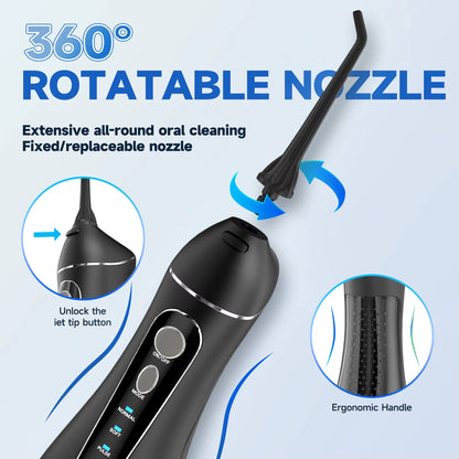 Water Flosser - Portable Cordless Oral Irrigator - 3 Cleaning Modes - Rechargeable - 4 Nozzles - Clean Gums