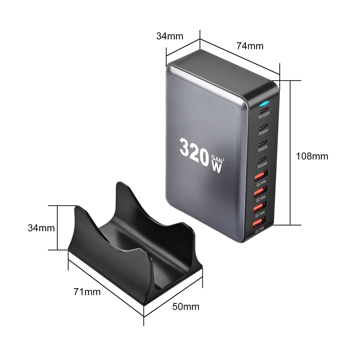 320W Gan Charger USB-C Fast Desktop *8-Port USB* - PD Charger Fast Charge 3.0 USB Type C Fast Charger for iPhone and Samsung