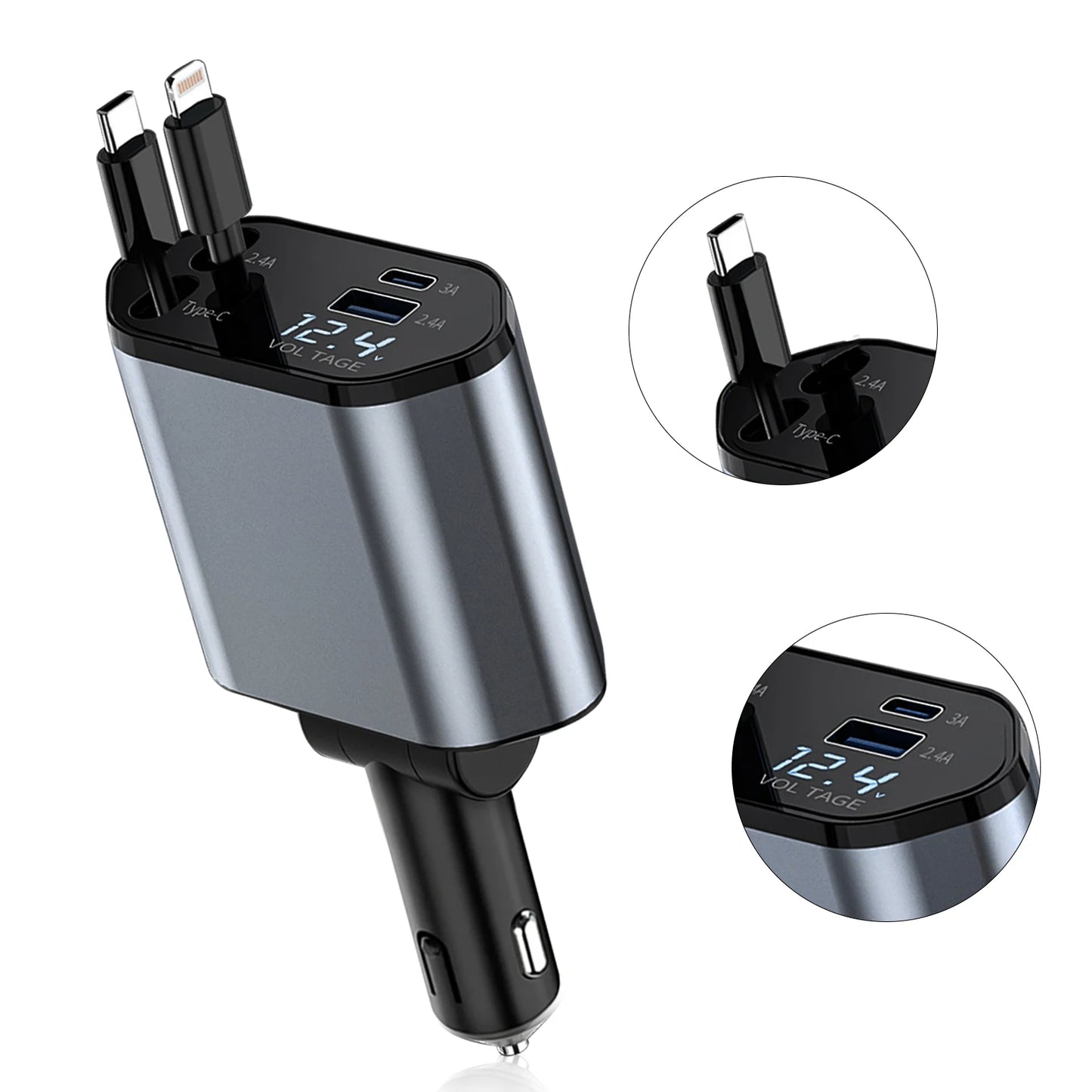 4 in 1 Retractable Car Charger, 100W Quick Charge with 2 USB Port, Retractable Iphone Charger & Tap-C Charger, Retractable Cable