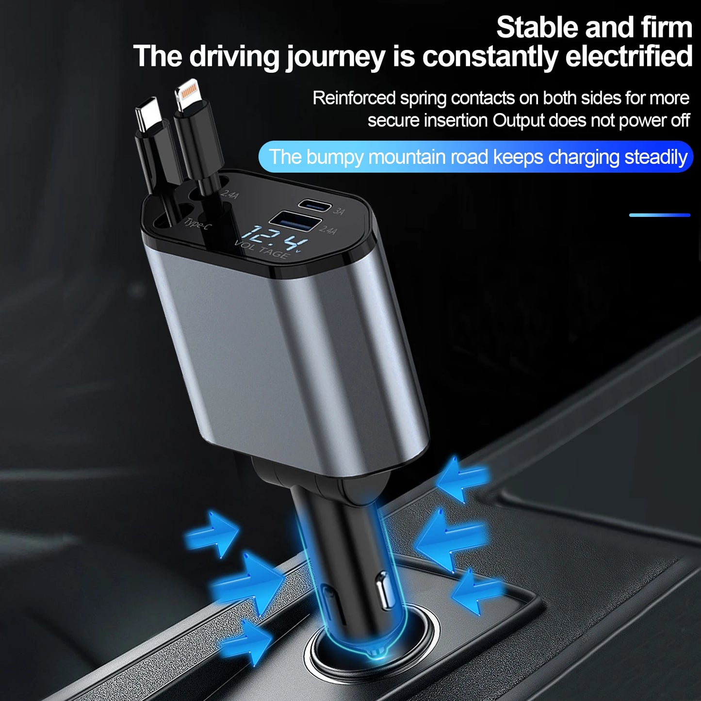 4 in 1 Retractable Car Charger, 100W Quick Charge with 2 USB Port, Retractable Iphone Charger & Tap-C Charger, Retractable Cable