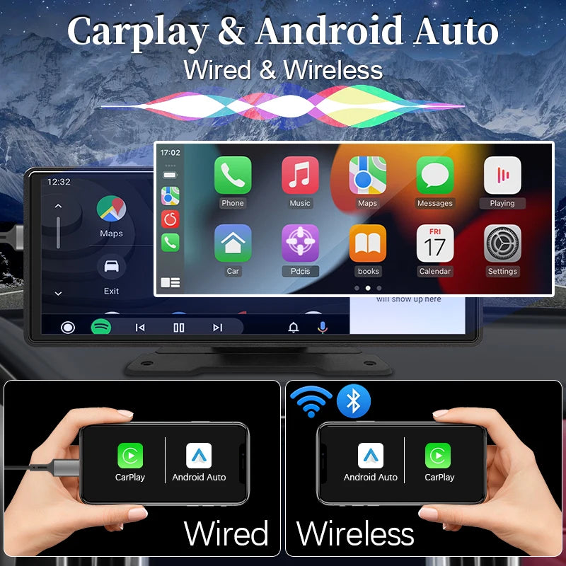 10.26" Universal Wireless Carplay Android Auto - Car Mirror Radio Multimedia Video Screen with Bluetooth AUX USB