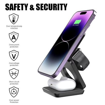 3 in 1 Wireless Charger Stand Magnetic Foldable Wireless Charging Station for Iphone 15 14 13 12 Pro Max Apple Watch 8 9 Charger