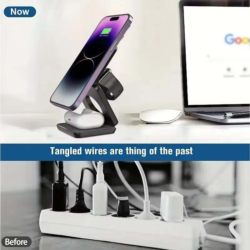 3 in 1 Wireless Charger Stand Magnetic Foldable Wireless Charging Station for Iphone 15 14 13 12 Pro Max Apple Watch 8 9 Charger