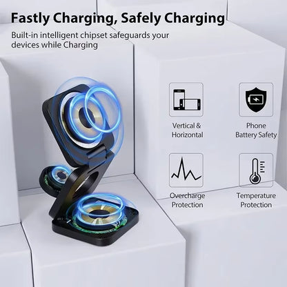 3 in 1 Wireless Charger Stand Magnetic Foldable Wireless Charging Station for Iphone 15 14 13 12 Pro Max Apple Watch 8 9 Charger