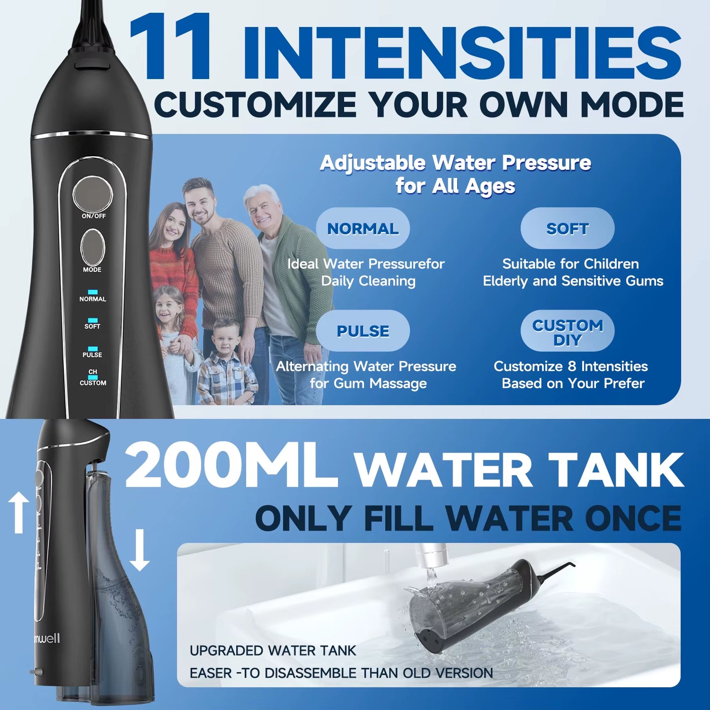 Water Flosser - Portable Cordless Oral Irrigator - 3 Cleaning Modes - Rechargeable - 4 Nozzles - Clean Gums