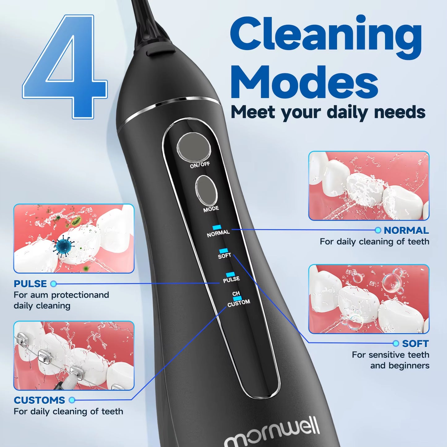 Water Flosser - Portable Cordless Oral Irrigator - 3 Cleaning Modes - Rechargeable - 4 Nozzles - Clean Gums